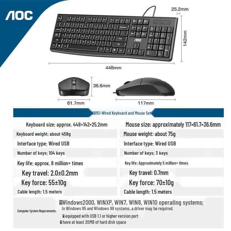 AOC KM151 Wired Full-Size Keyboard and Mouse Combo