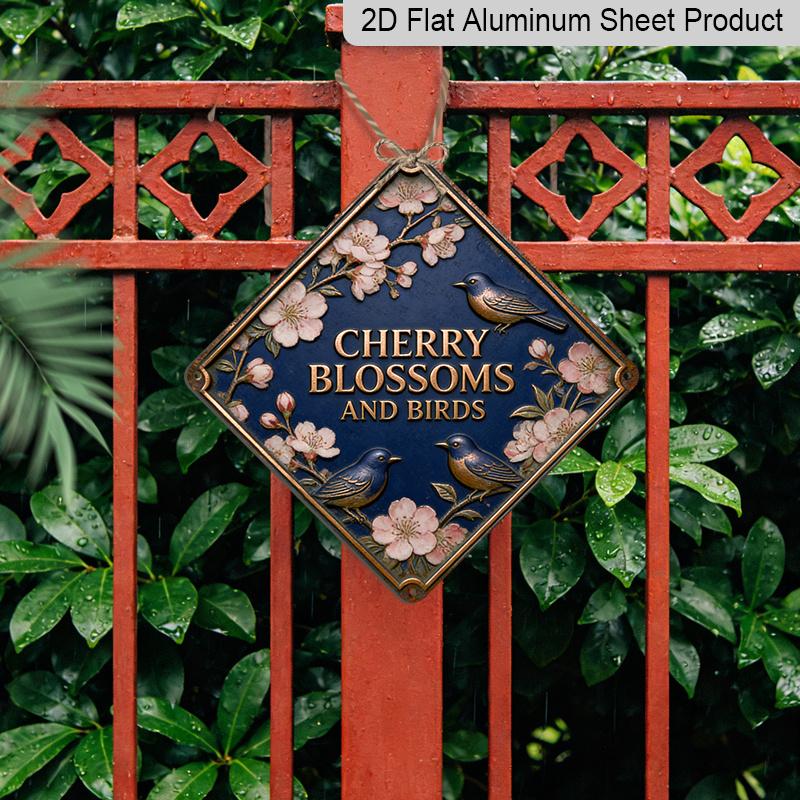 2D Flat, 1pc Cherry Blossom & Bird Wall - Vintage Aluminum Sign Suitable for Office Decor, Aluminum Plaque with Flowers, Gift for Oriental Floral