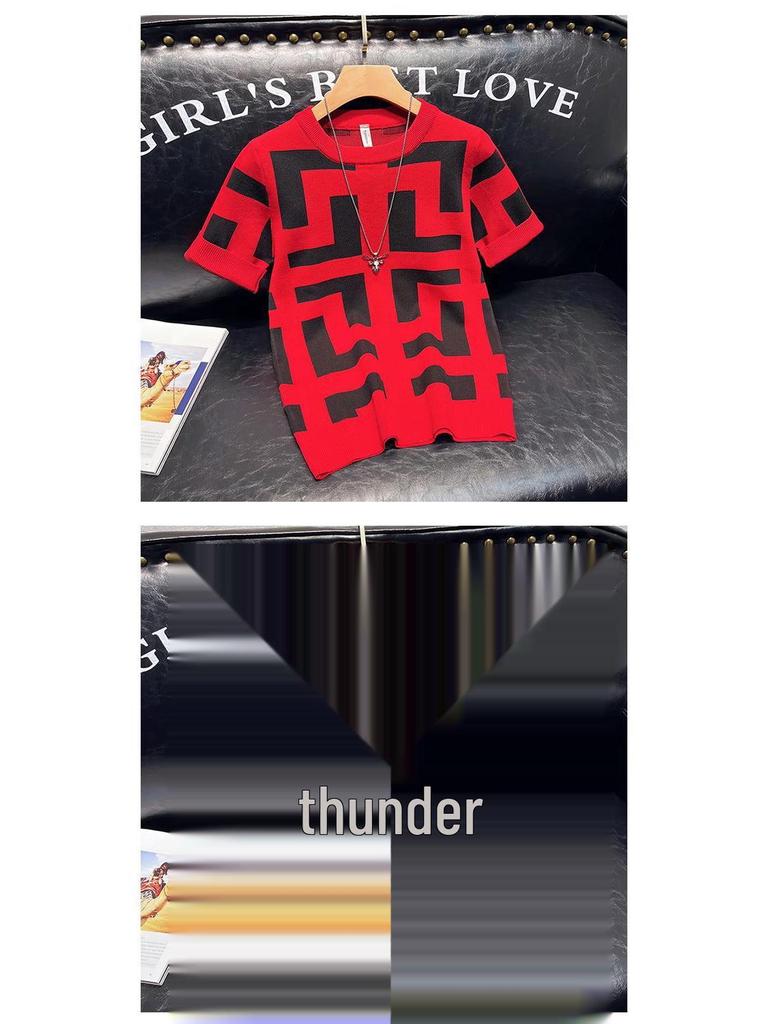 Men's Geometric Pattern Slim Fit Short-Sleeve Knitted T-Shirt