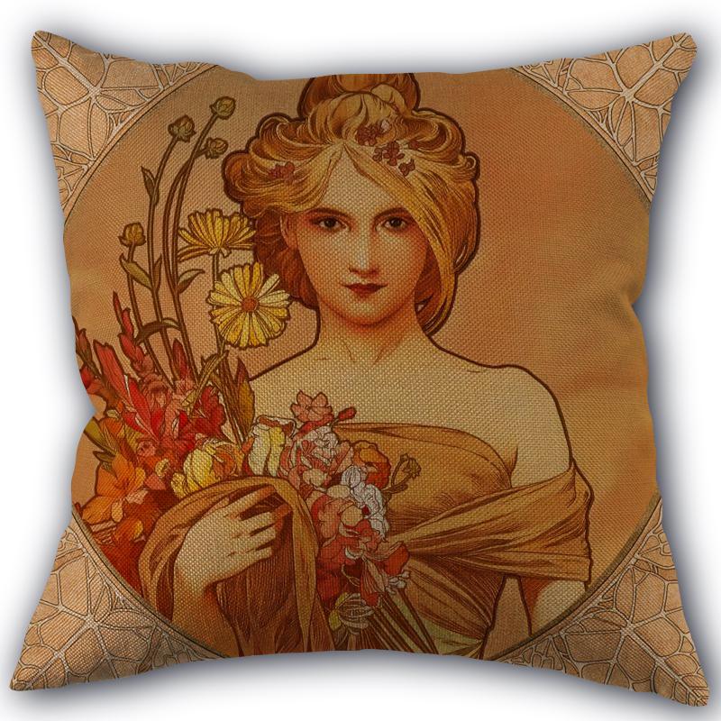 Custom Alphonse Mucha Art Pillowcase Cotton Linen Fabric Square Zipper Pillowcase 45X45 Wedding Decorative Pillow Cover
