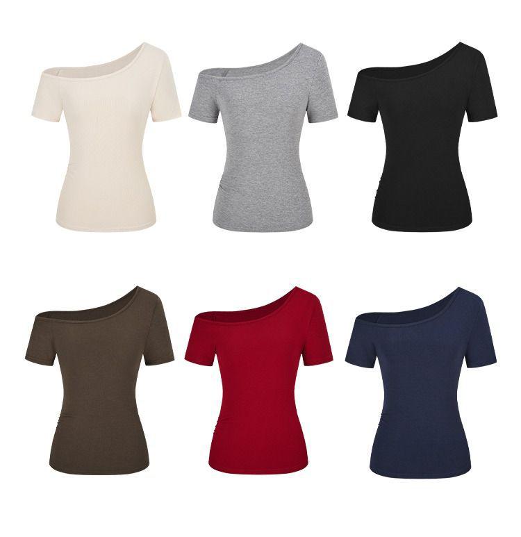 Spring 2025 Off-Shoulder Slim Fit Women's T-Shirt - Solid Color, Short-Sleeve Pullover