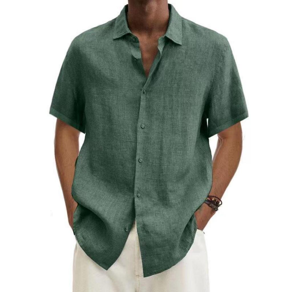 Men's Casual And Fashionable ,color Lapel Button Cardigan, Cotton And Linen Men's Short,sleeved Top