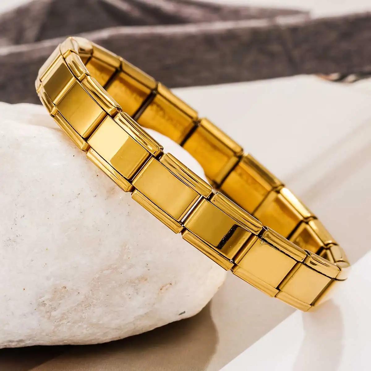 

Fashion Stainless Steel Bangle Bracelet 9mm Wide Italian Elastic Charm Simple Design Unisex DIY Zircon Gift золотой