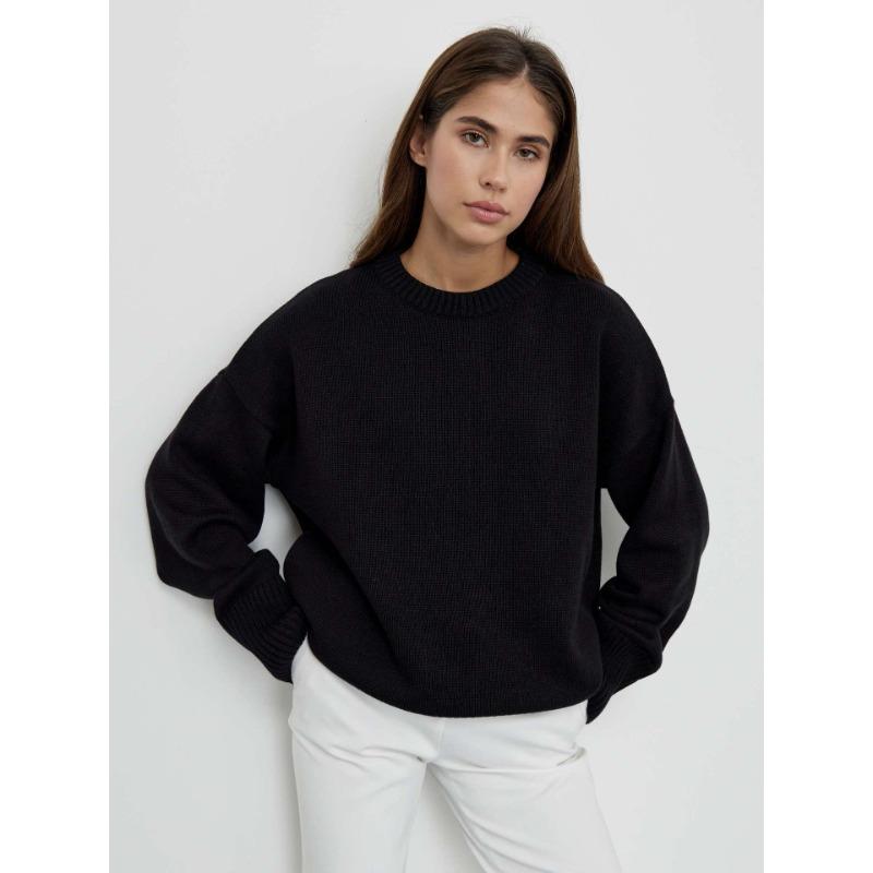 Herbst und Winter Damenpullover Einfarbig Bequemer lässiger lockerer Rundhals-Langarmpullover