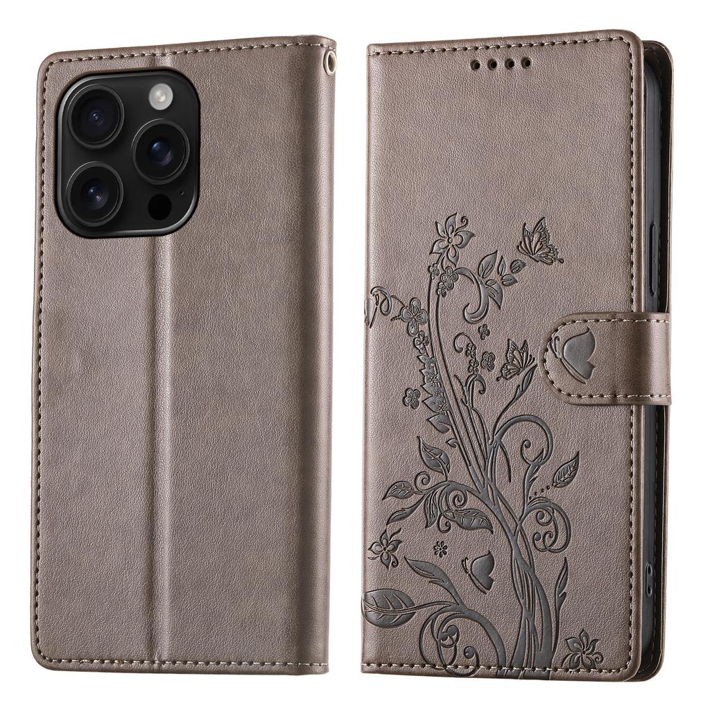 For iPhone 16 Pro Wallet Case Butterfly Floral Imprint PU Leather Phone Cover with Wrist Strap