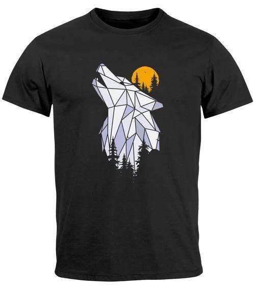 Mens Polygon Print Wolf Forest Outdoor Adventure Nature Animal Print T-Shirt- S