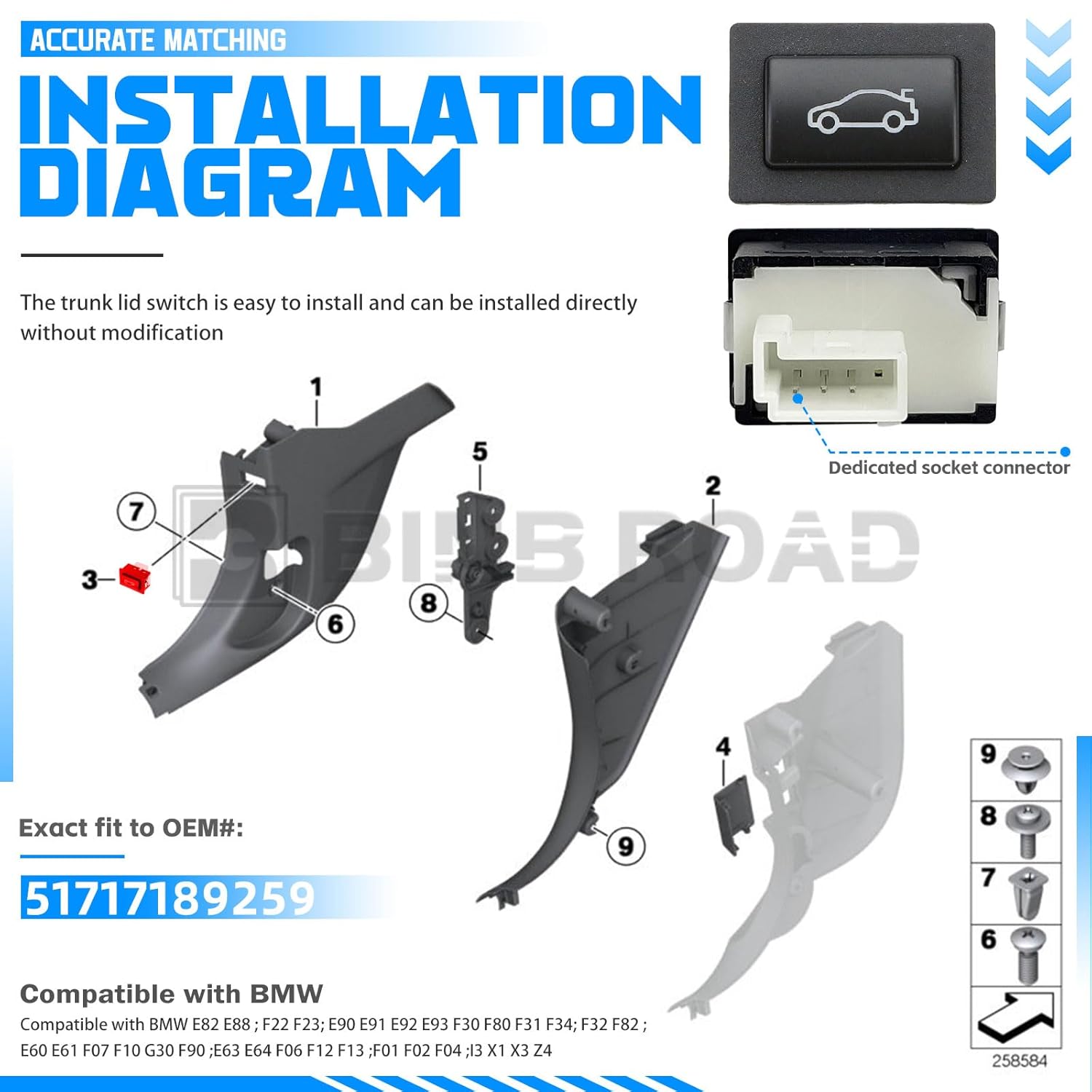 Tailgate Release Switch Trunk Unlock Button Switch 61319200316 Compatible with BMW E88 E89 E90 E91 F01 F02 E92 E93