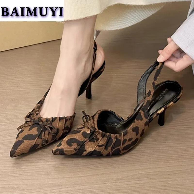 Leopard Pointed Toe Bow Women Shoes High Heels Sandals Elegant Summer Mules 2025 Designer Dress Party Shoes Woman Sexy Pumps
