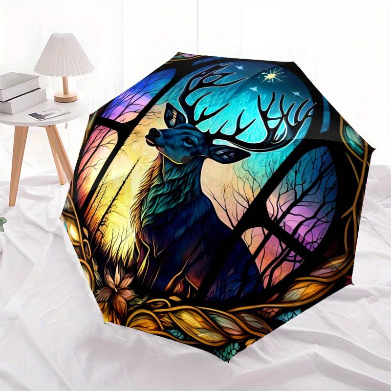 Deer Window Panel  Vibrant Forest Scene" Umbrella, Portable 3 Fold Compact Umbrella for Men & Women,S281