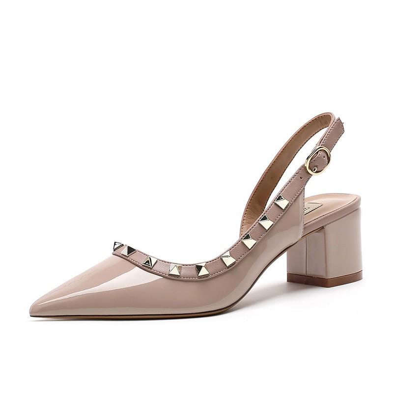2024 Summer Mid-Heel Nude Pointed-Toe Studded Peep-Toe Chunky Heel Backless Sandals for Women