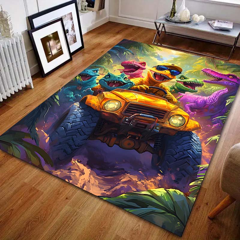 Dinosaurier Fahren mit Sonnenbrille Print Teppich für Schlafzimmer Wohnzimmer Bettseite Sofa Bodenmatte Moderne Heimdekoration Spielbereich Teppich
