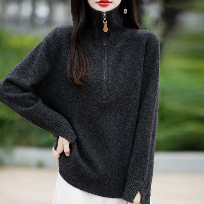 Women's Half-Zip Lapel Sweater - Autumn/Winter 2025 Loose Pure Color Knit Pullover