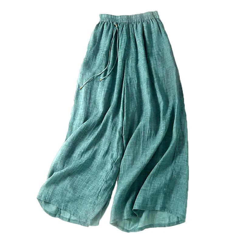 Lightweight Draped Flax Women's Pants Summer Loose Wide Leg Casual Slimming Nine Point Vintage Trousers for Women