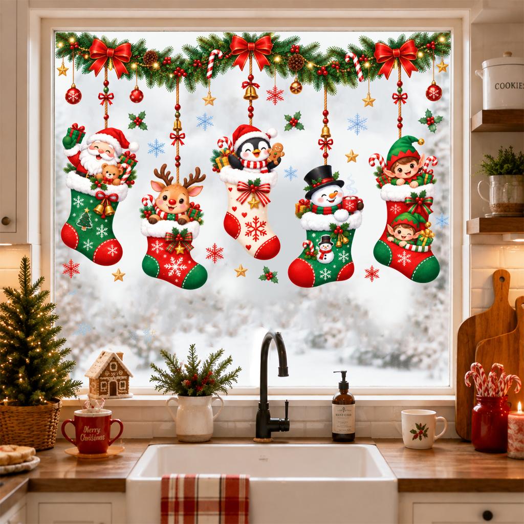 Christmas Window Stickers Holiday Decoration Static Cling Window Sticker Xmas Decor Snowman Santa Wall Decal