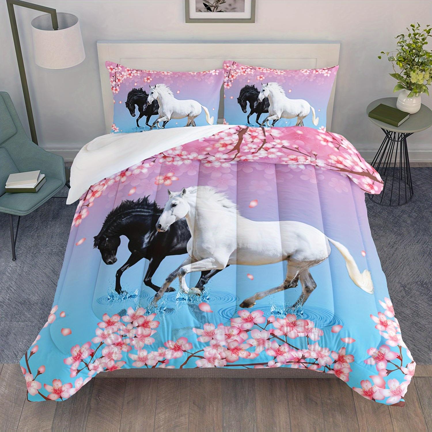 

[Комплект одеяла с лошадьми] 3 предмета Комплект одеяла с лошадьми Цветочная животная тематика Красивый конь Шикарный комплект постельного белья с вишневым цветом 3D Дикое животное EU Twin(135x200cm)