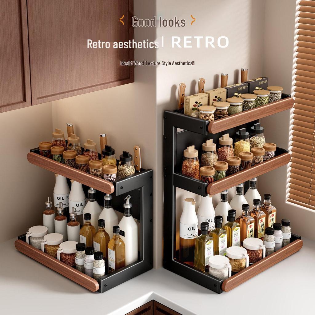 Retro Solid Wood Multi-Functional Kitchen Rack: Seasoning Storage, Jar and Bottle Holder, Knife Organizer.