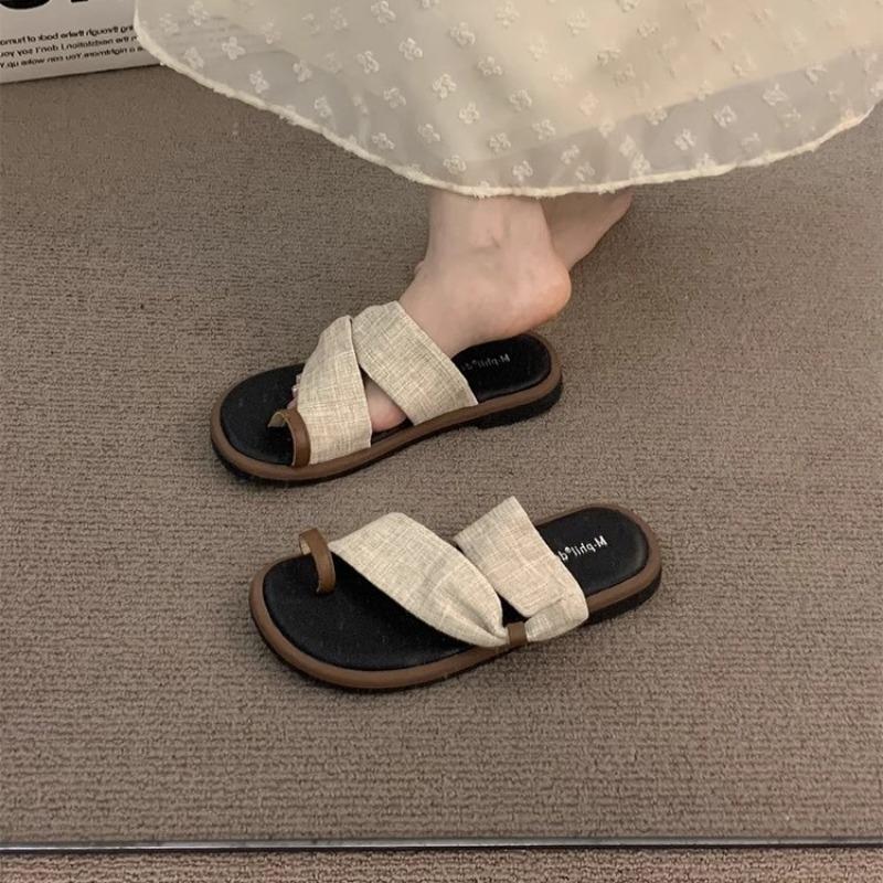 Premium Sense Versatile Set of Toe Slippers Women's Summer Wear Fashion Design Sense Flat Bottom Open Toe Beach Vacation Cool Slippers Women