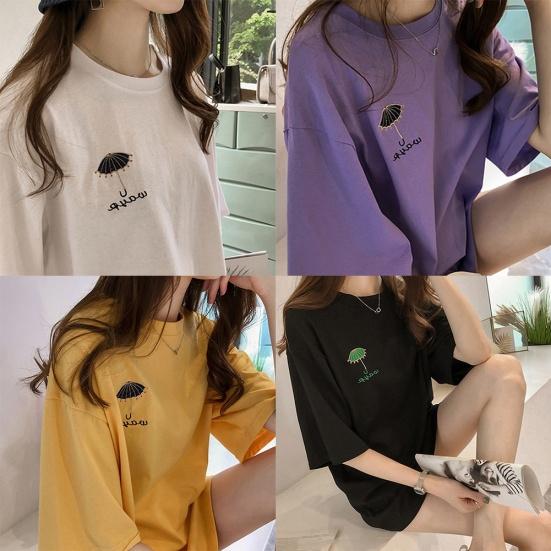 Damski T-shirt z krótkim rękawem z haftem parasola, z okrągłym dekoltem, oversize, top, długa bluzka