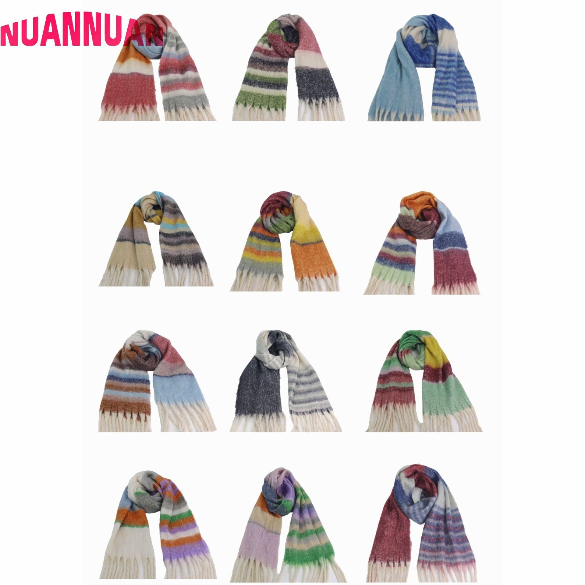 

Осень и зима новый полиэстеровый петлевой пряжи грубый кисточки градиентный цвет шарф женская шаль (200+40 )*50 290G