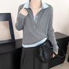 Autumn and Winter New Splicing Contrasting Color Fake Two-piece Lapel Knitted Sweater Stacked Casual Thin Top Sweater