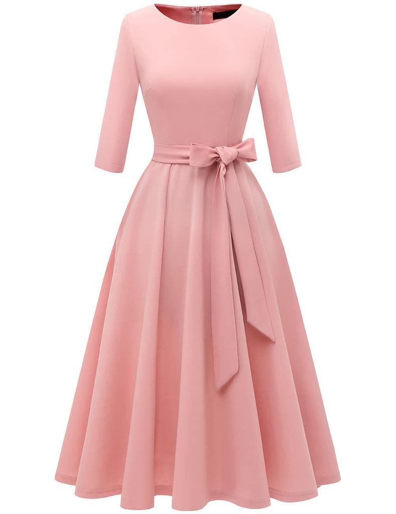 Garden Collar Seven-Sleeve Women's Evening Gown with Wide Hem Skirt - Solid Color Vacation Dress
