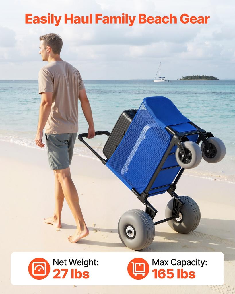 Beach Cart with Large Wheels for Sand, 75kg Load Capacity, Heavy Duty Folding Beach Wagon with 300 mm Balloon Wheels, Storage Bag, 845-1140 mm