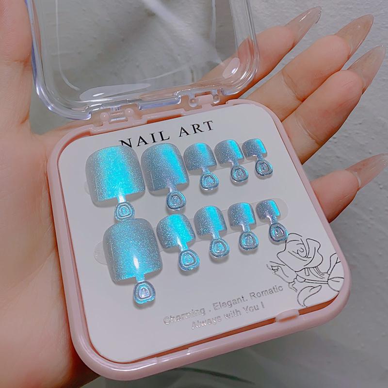 10Pcs/Box  Cat Eye Shining Diamond Toe False Nail Handmade Wearing Armor Short Press On Nails For Toes Faux