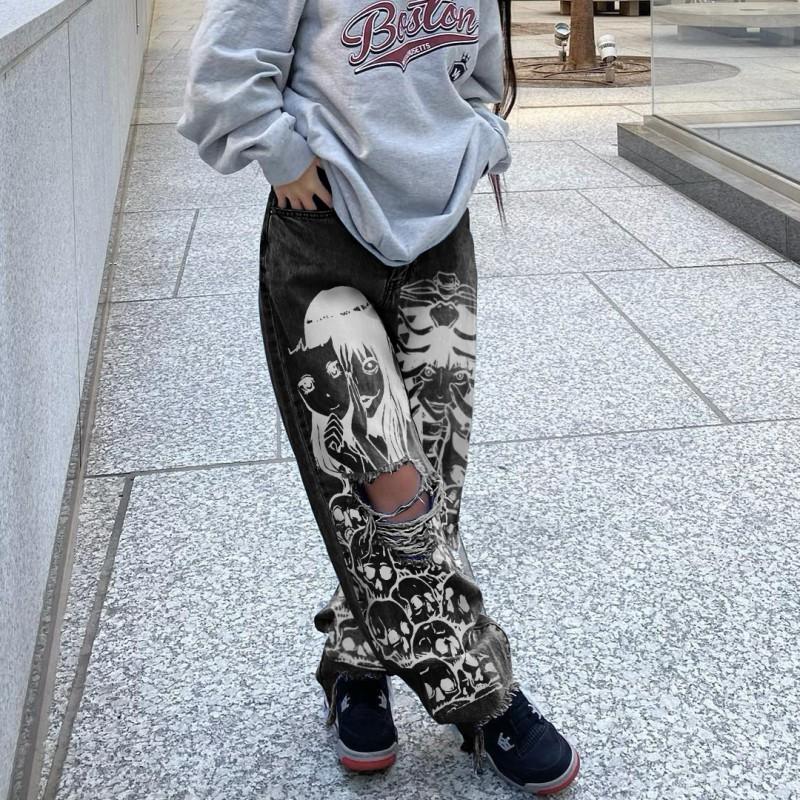 Dámské džíny s vysokým pasem a širokými nohavicemi, roztrhané, dlouhé, Streetwear, džínové kalhoty, velikost S-3XL