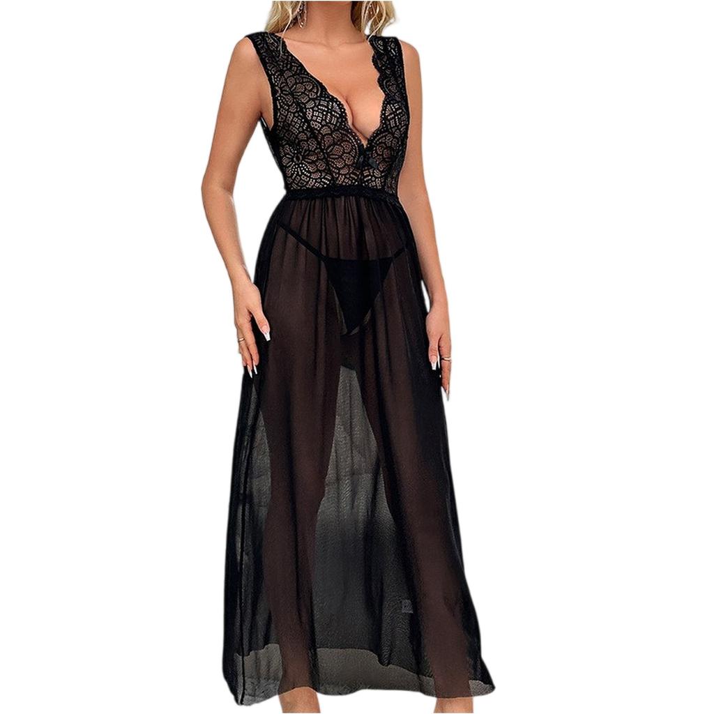 Ropa de dormir para mujer Vestido de tirantes finos Transparente Sexy Camisones Encaje Pijamas Conjunto Sexy Lencería
