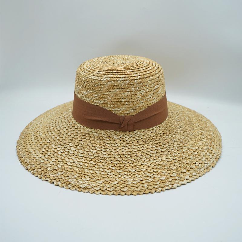 Europäischer und Amerikanischer Rhombus Stroh Spleißen Große Krempe Flache Oberseite Zylinderhut Damen Sommer Sonnenschutz UV-Schutz Urlaub Strand Strohhut Reise