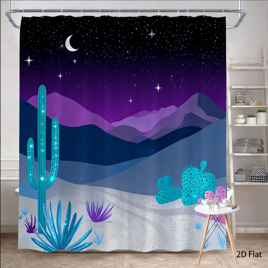 Cactus Shower Curtain 180x180cm – Desert Mountain Scene with Vibrant Flora, Southwestern Bathroom Decor, 12 Hooks