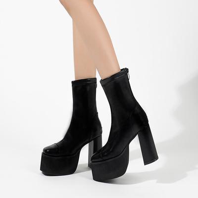 Fashion 10cm High Heel Waterproof Platform Thick Heel Large Size Elastic Sock Boots 34-42 Yard Square Four Season Women's Boots Short