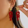 Cute Red Lobster Dangle Earrings for Women Shiny Rhinestone Enamel Ocean Animal Jewelry Summer Vacation Accessories