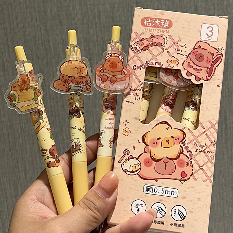 

3 шт. Милая мультяшная капибара, нажимающая нейтральную ручку, креативная быстросохнущая гелевая ручка, эстетические канцелярские принадлежности для школы, офиса, подарки