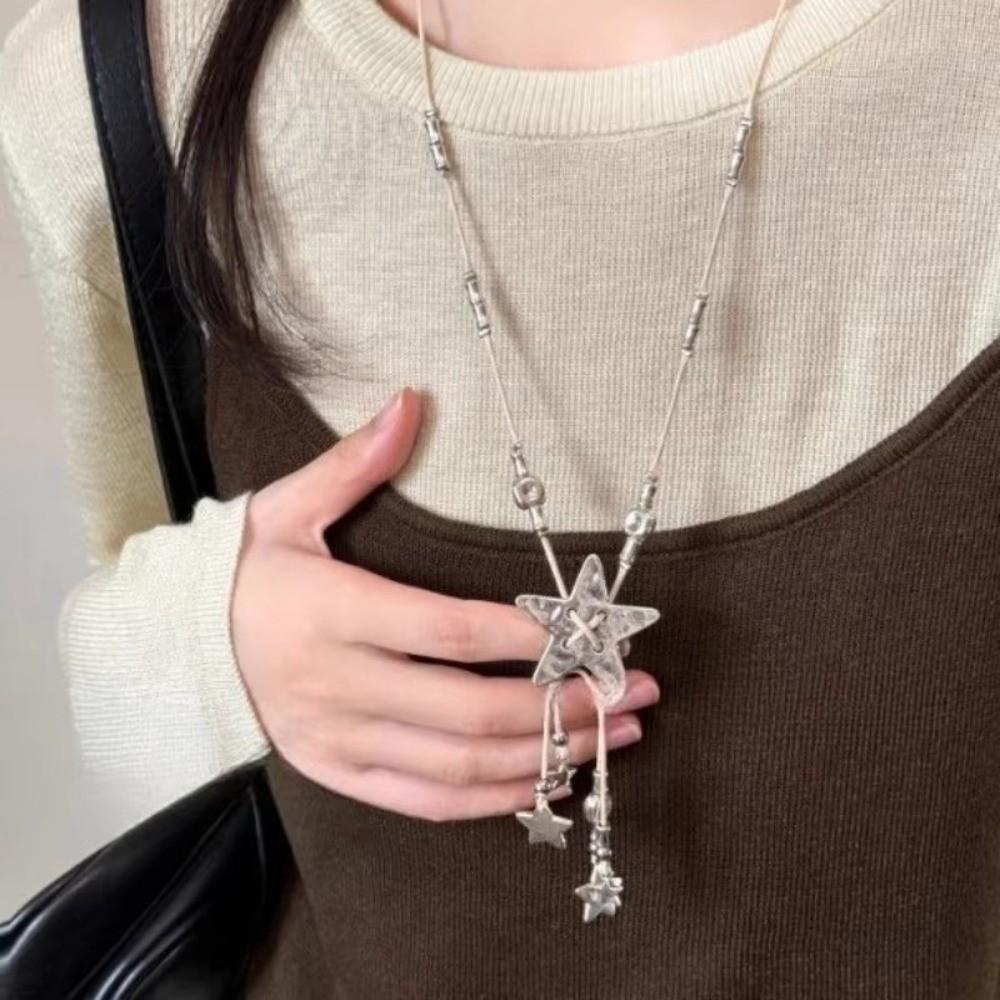 Vintage Y2k Star Tassel Necklace Long Chain Leather Rope Woven Necklace Zinc Alloy Sweet Cool Choker Jewelry Women's Jewelry