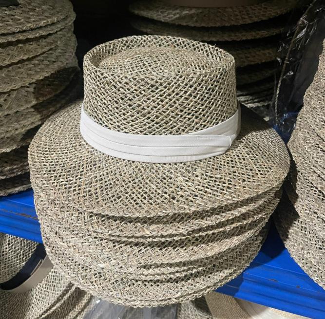 Internet Celebrity Versatile Round Top Fashion Straw Hat Female Summer Celebrity French Natural Salty Straw Weave Flat Brim Sunshade Top Hat