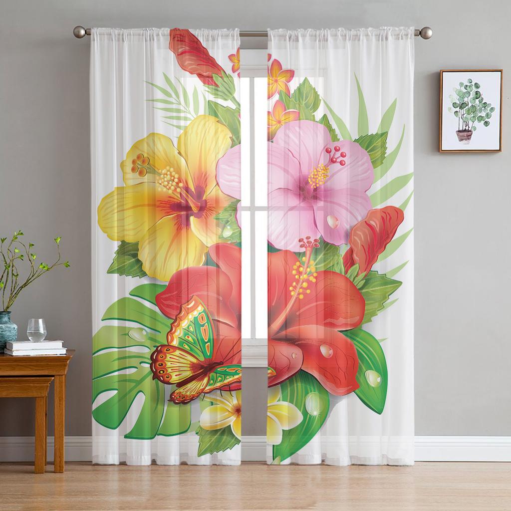 Hawaiian Flower Plant Jungle Palm Tropical Sheer Curtains for Living Room Bedroom Decor Window Voile Tulle Curtain Drapes