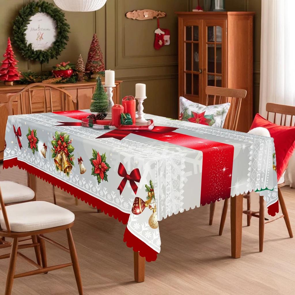 Printed Christmas Tablecloth with Flowers Bells Red Ribbons and Bow Designs for Holiday Use