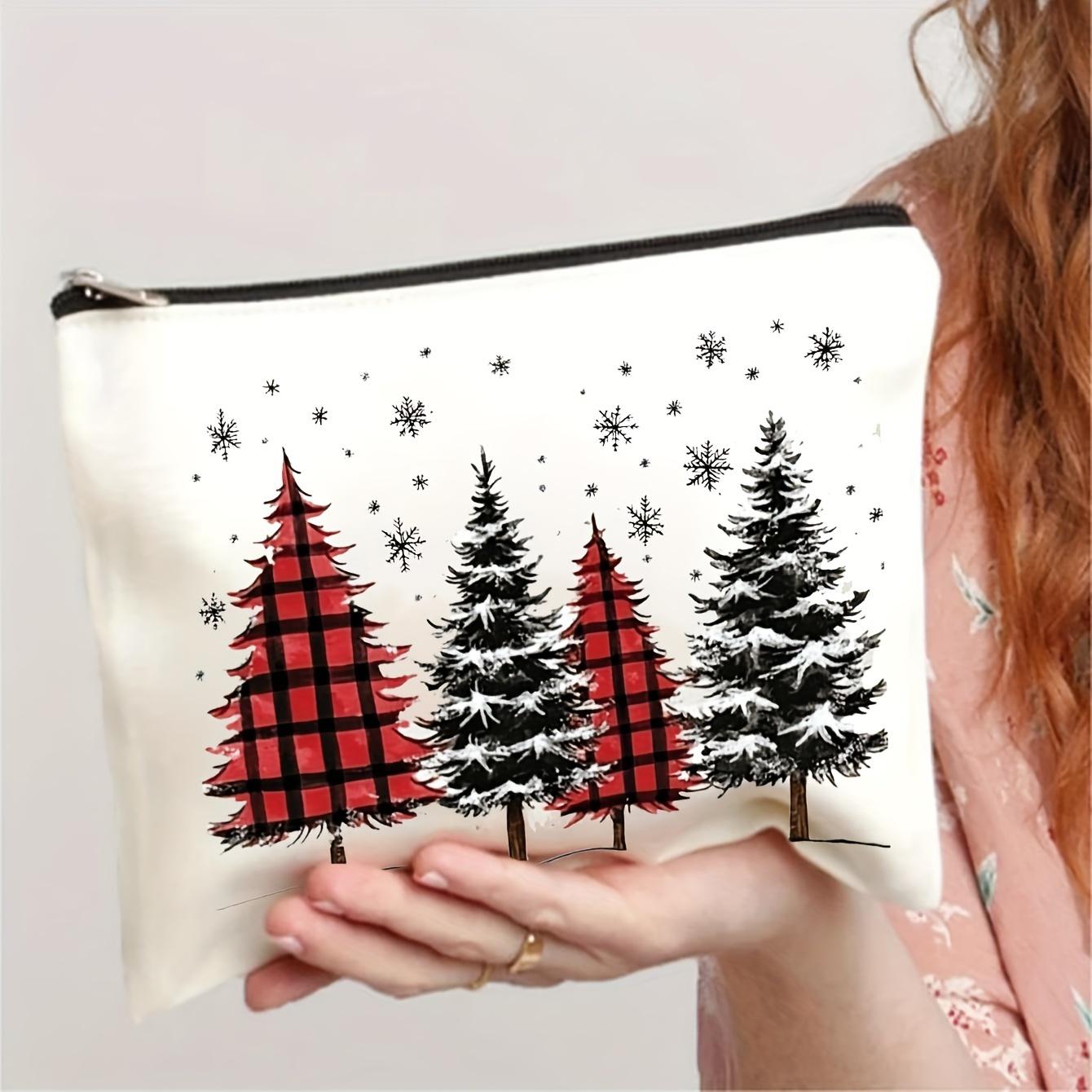 

1pc, Red & Black Christmas Pine Tree Pattern, Polyester Makeup Bag, Large Capacity Travel Cosmetic Pouch, Beauty Organizer