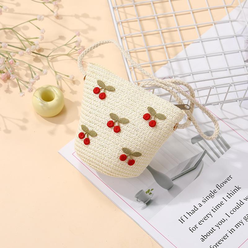 Children Foldable Woven Straw Bag Summer Girl Shoulder Bags Red Cherries Kids Handbags Beach Travel Crossbody Bags Small Wallets
