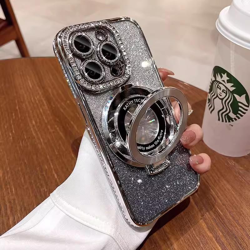 Magnetic Rhinestone Bracket for iPhone 13/14 Pro Max with Electroplated Glitter Lens Film