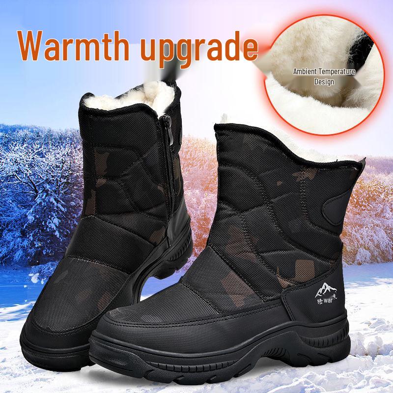 Men's Black High-Top Winter Snow Boots - Thickened, Non-Slip, Warm Cotton, With Zipper