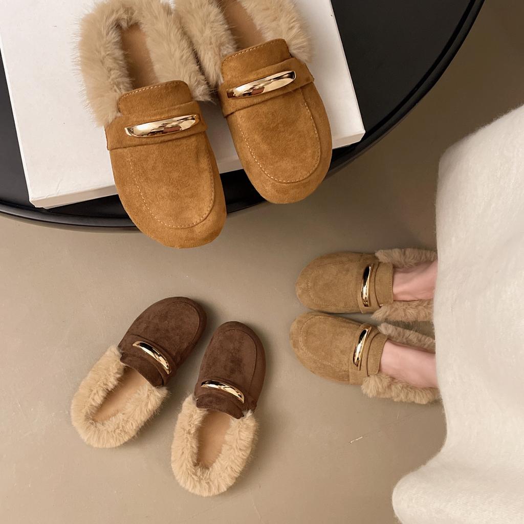 Korean version of retro metal fluffy slippers women's outer wear 2025 autumn and winter new lazy Muller shoes bag head loafers