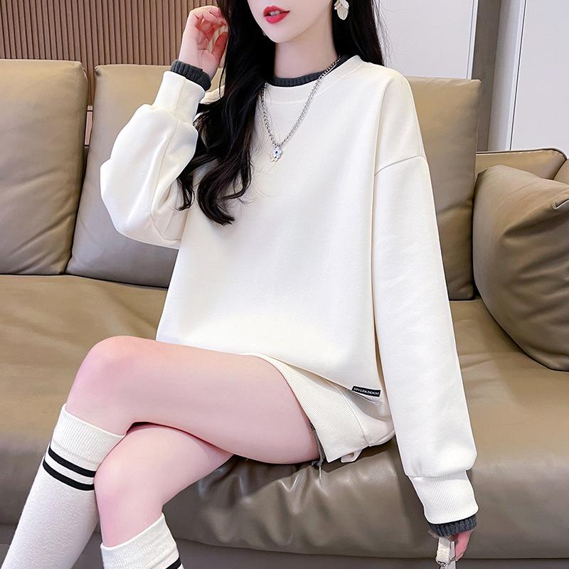 Women's Plus Size Red Round Neck Sweatshirt, Fleece-lined, Winter Layered Look, New Year Style