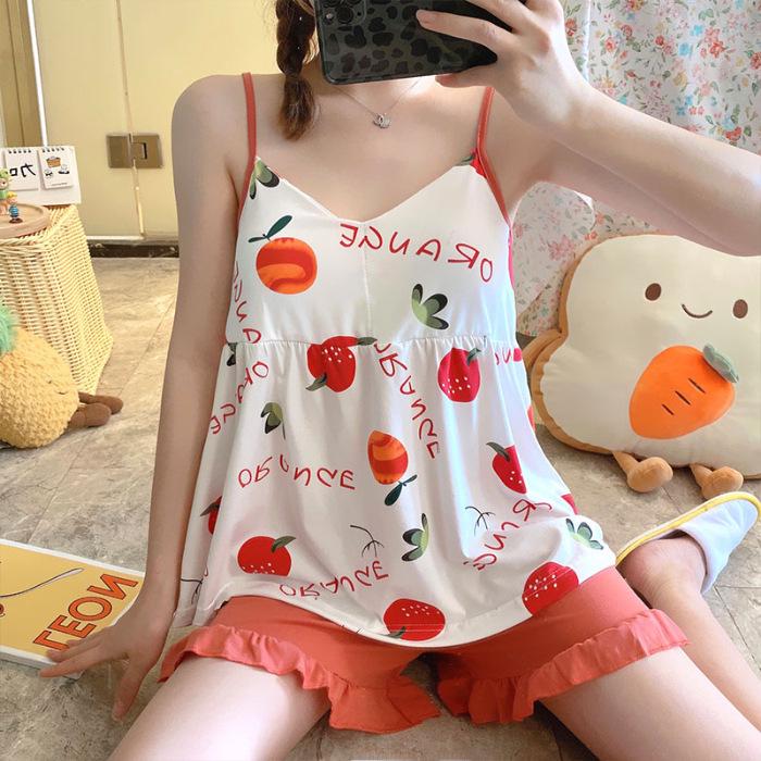 Ladies' Summer Padded Pajama Set: Bow & Suspenders Shorts, Casual Sports Style