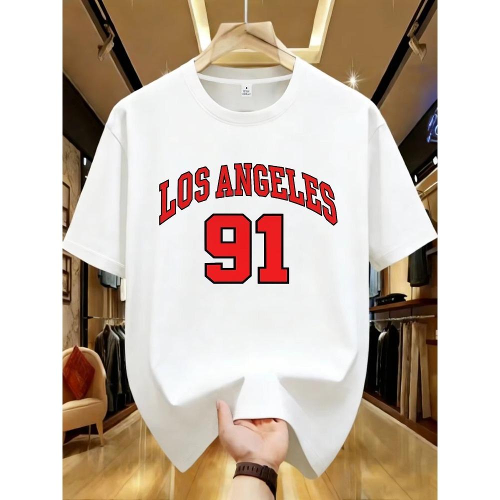 Los Angeles 91 T-Shirt Creativa con Lettera Uomo Estate Retro Maglietta Larga Basics Abbigliamento Cotone Girocollo Manica Corta
