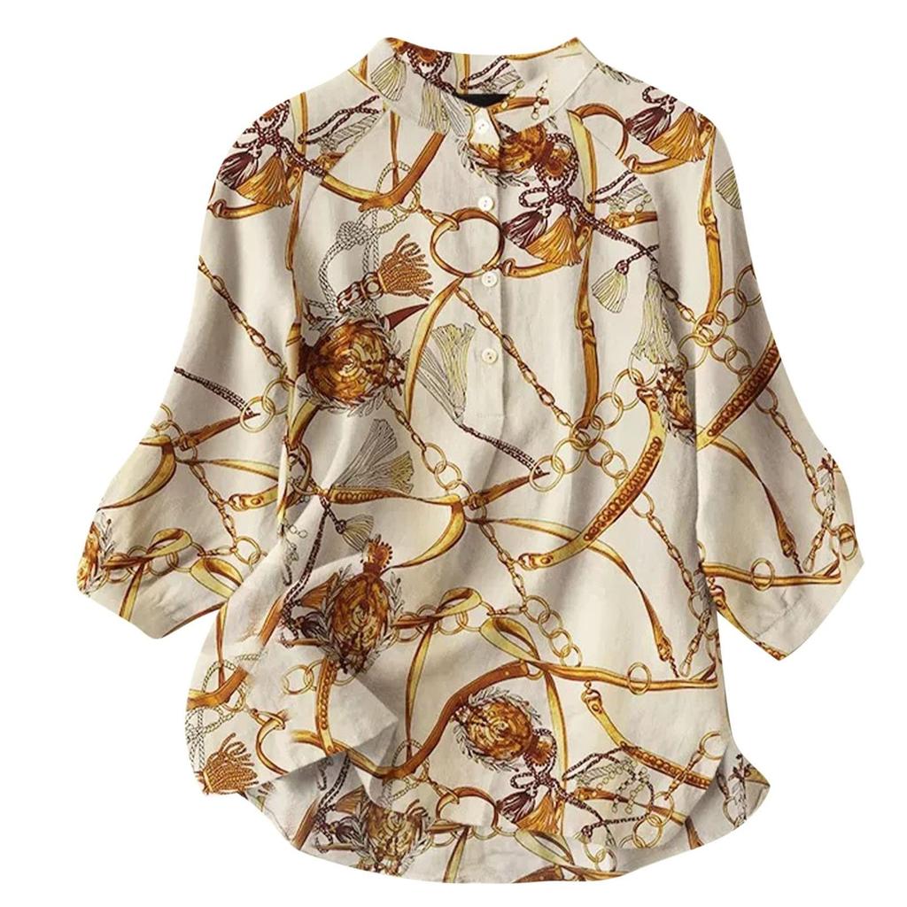 Cămăși casual pentru femei, cu decolteu în V, cu mâneci 3/4, cu imprimeu, din in, tricouri, tricou