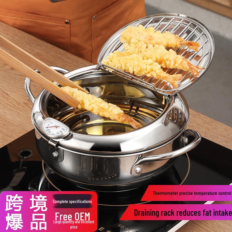 304 Stainless Steel Tempura Frying Pot with Double-Bottom, Oil-Saving, Temperature Control, and Thermometer for Gas and Induction Cookers