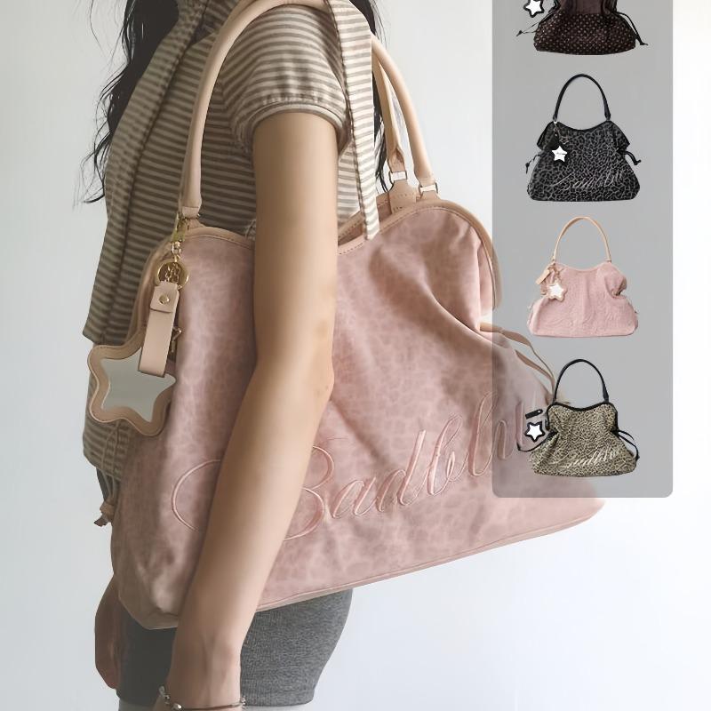 Borsa tote a sacchetto con ricamo stampa leopardo, stile cool dolce millennial, con coulisse, grande capacità, borsa a mano