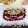Retro Pomegranate Red Glass Bead Layered Sweater Chain & Rhinestone Necklace Bracelet Set